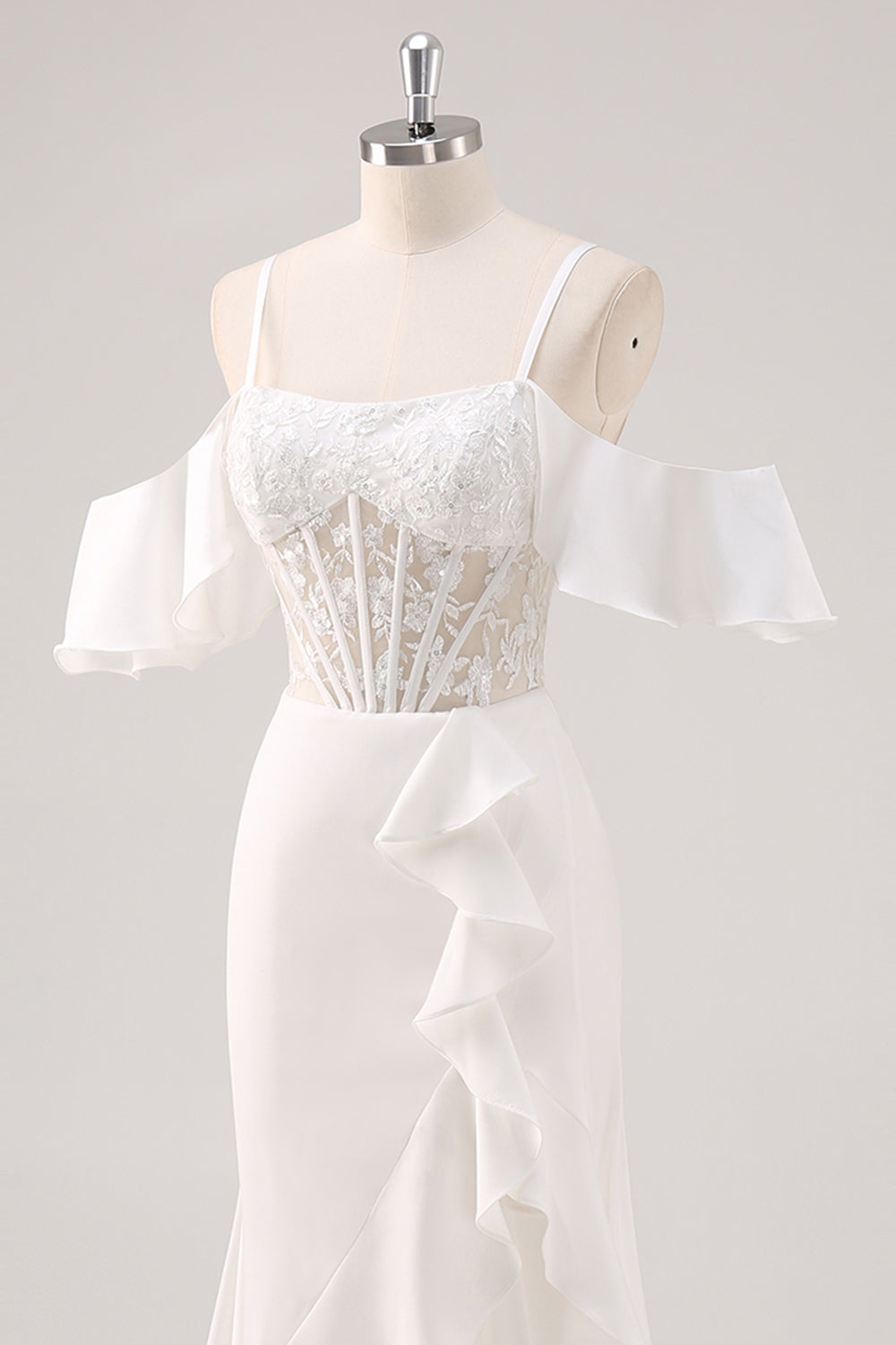 Corsé de hombro frío de sirena blanca con apliques Vestido de fiesta largo con abertura