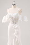 Corsé de hombro frío de sirena blanca con apliques Vestido de fiesta largo con abertura