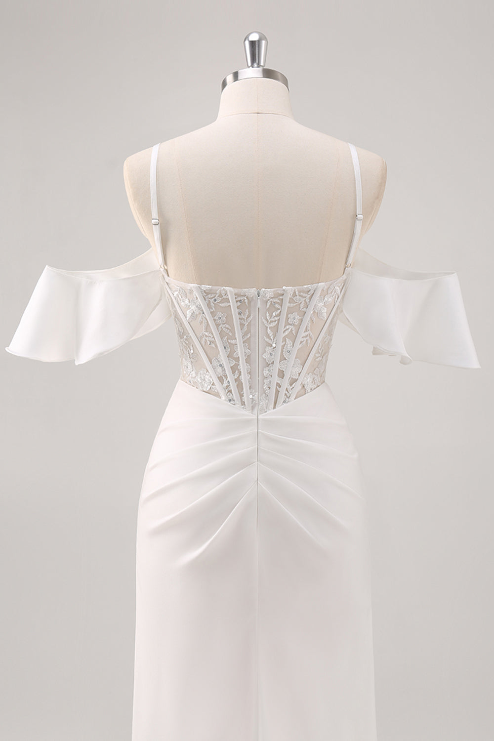 Corsé de hombro frío de sirena blanca con apliques Vestido de fiesta largo con abertura