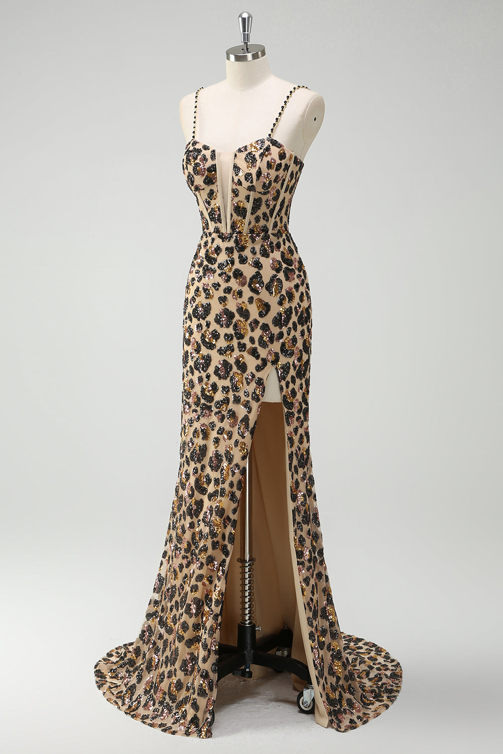 Lentejuelas de leopardo caqui Tirantes de espagueti sirena Vestido corsé largo con abertura