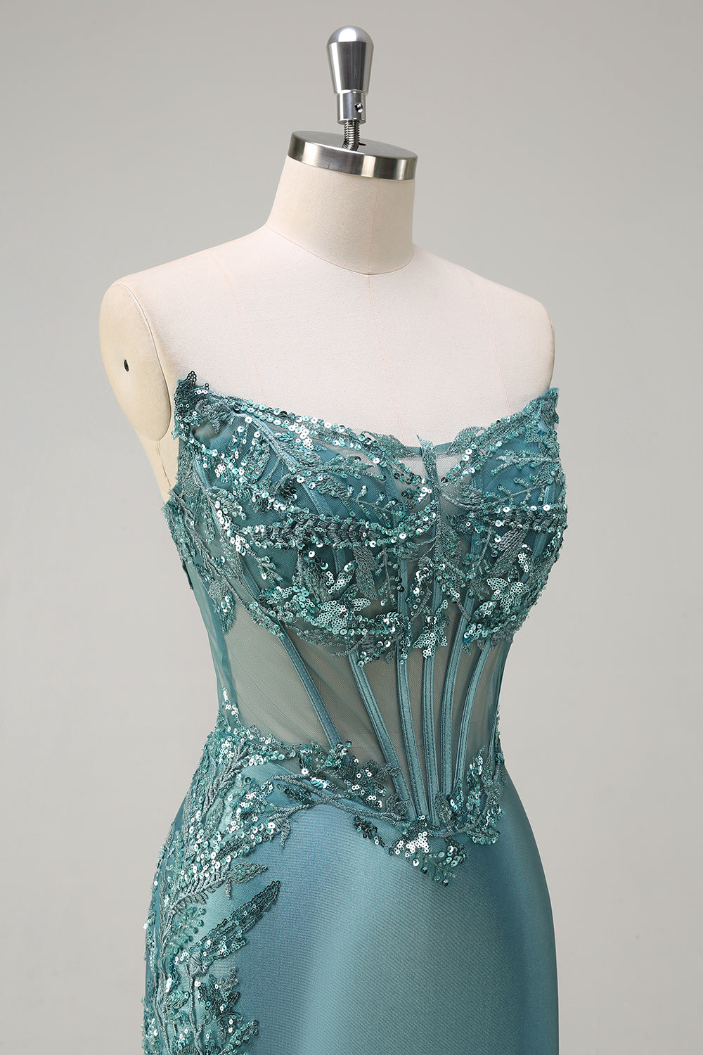 Gris Gris Azul Sirena Strapless Corsé Transparente Satén Largo Vestido de Fiesta con Abertura