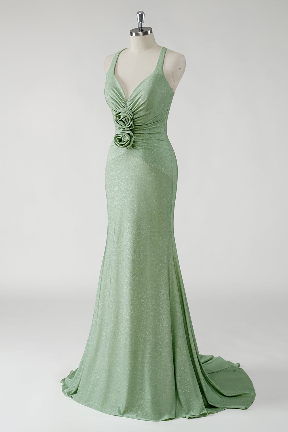 Vestido de fiesta largo verde vaina brillante con flores en 3D