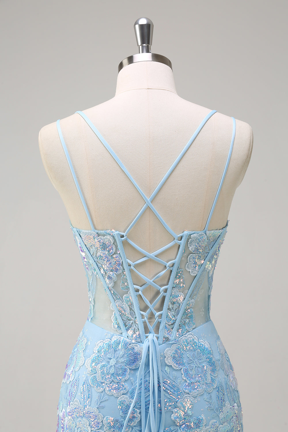 Vestido largo de fiesta con correas de espagueti de lentejuelas de sirena azul brillante con bordados