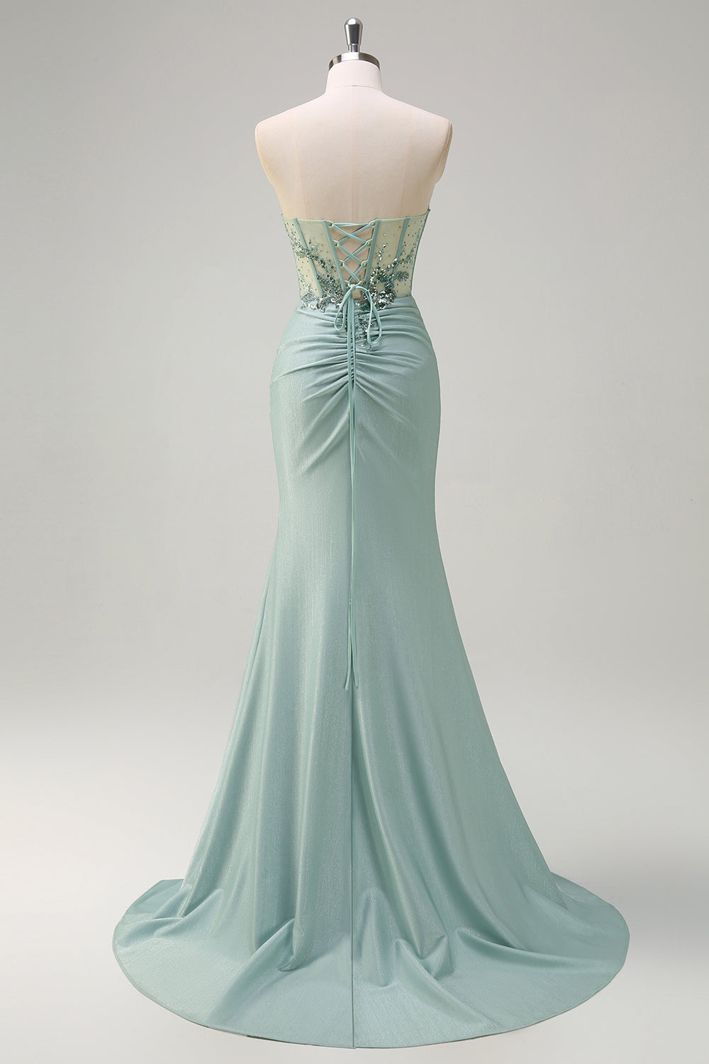 Corsé de lentejuelas sin tirantes gris gris verde brillante Vestido de fiesta largo fruncido con abertura