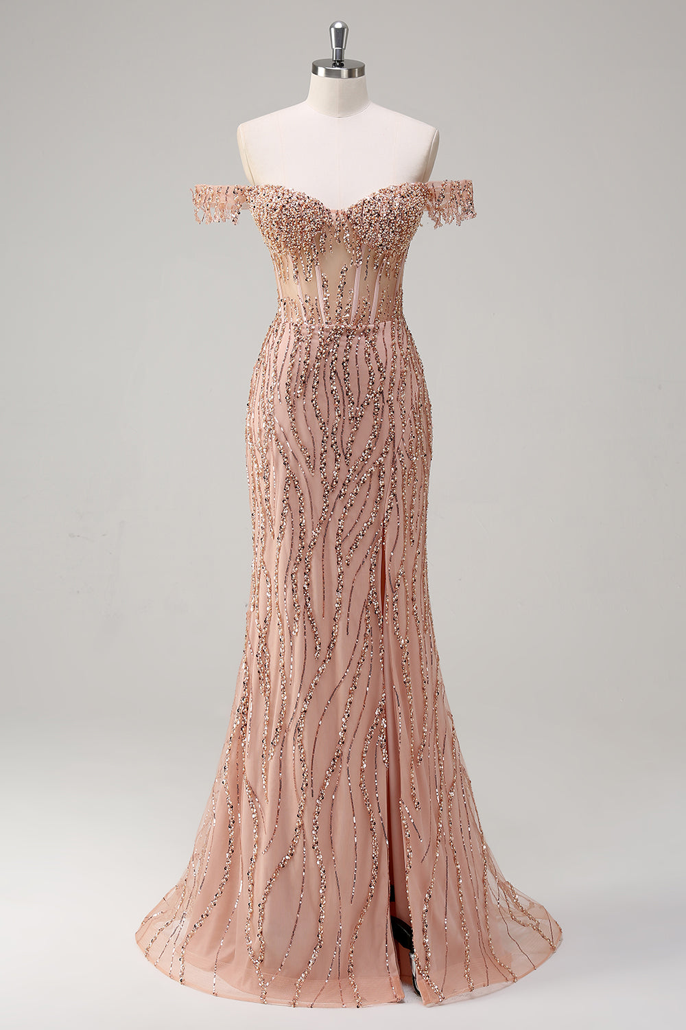 Vestido de fiesta largo de sirena rosa empolvada brillante con hombros descubiertos con abertura