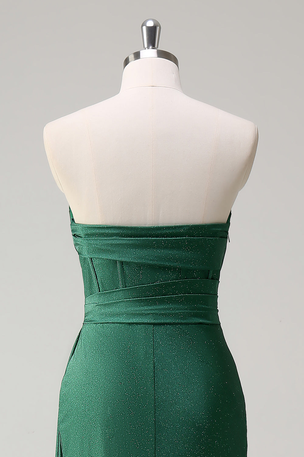 Vestido de fiesta largo de sirena sin tirantes verde oscuro con purpurina con abertura