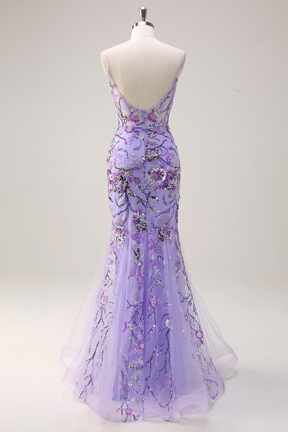 Vestido de fiesta largo de lentejuelas con correas de espagueti de sirena púrpura brillante