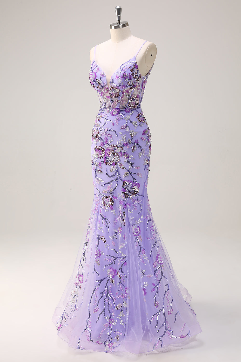 Vestido de fiesta largo de lentejuelas con correas de espagueti de sirena púrpura brillante