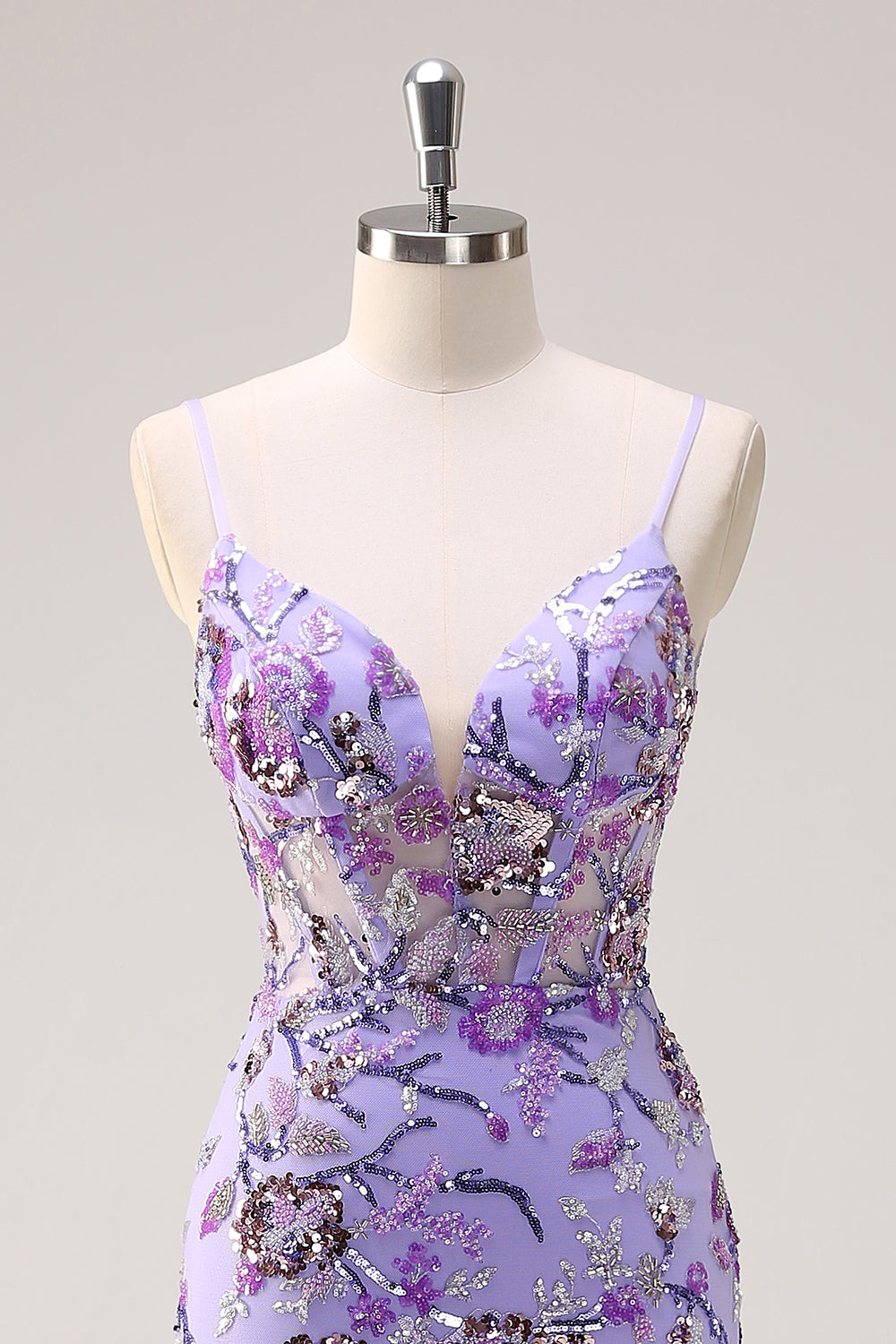 Vestido de fiesta largo de lentejuelas con correas de espagueti de sirena púrpura brillante