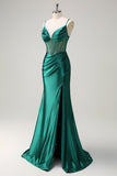Vestido de fiesta largo con abertura y correas de espagueti de sirena verde oscuro brillante con correas