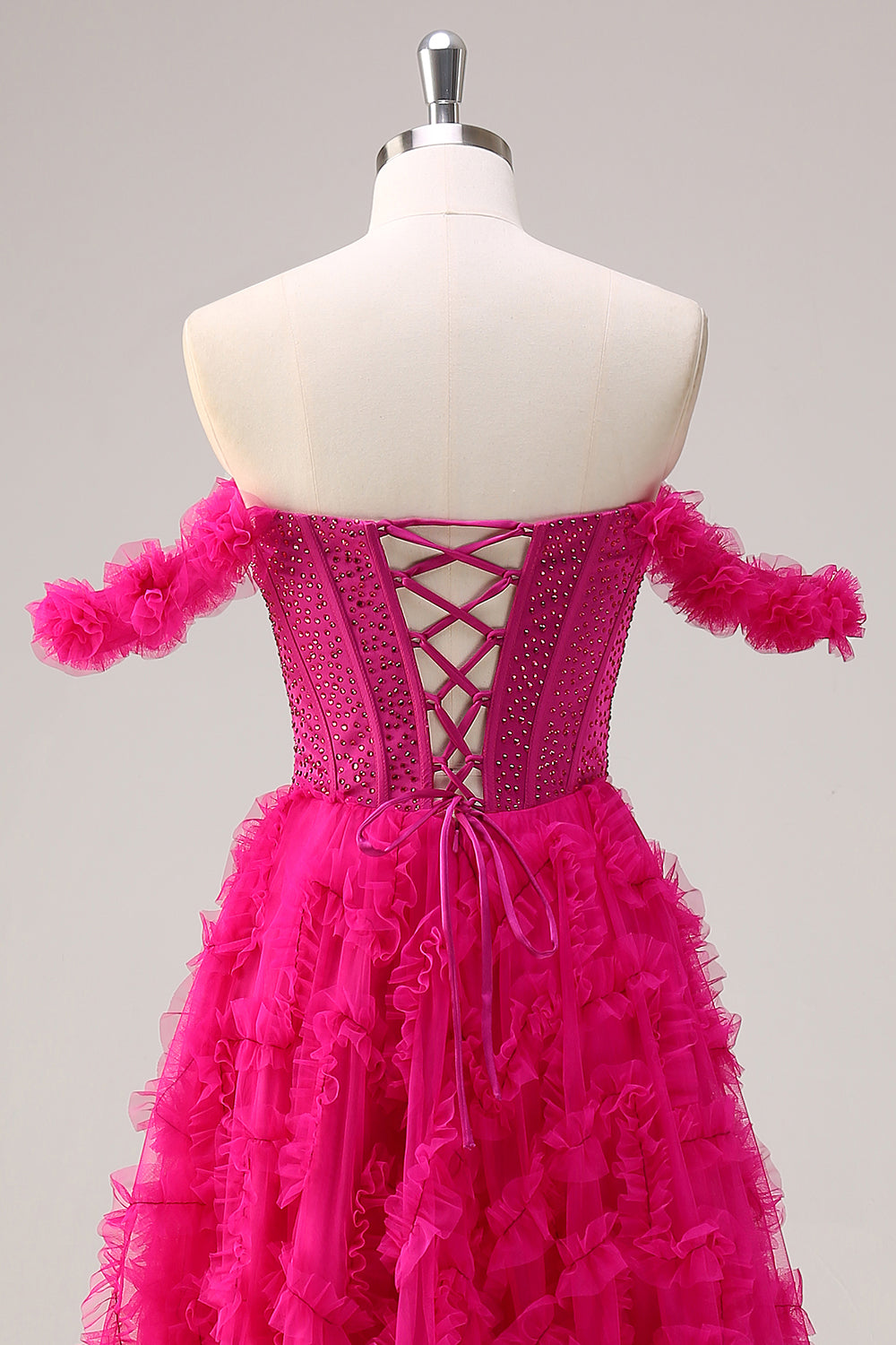 Vestido de fiesta largo con corsé largo de línea A fucsia con hombros descubiertos y abalorios