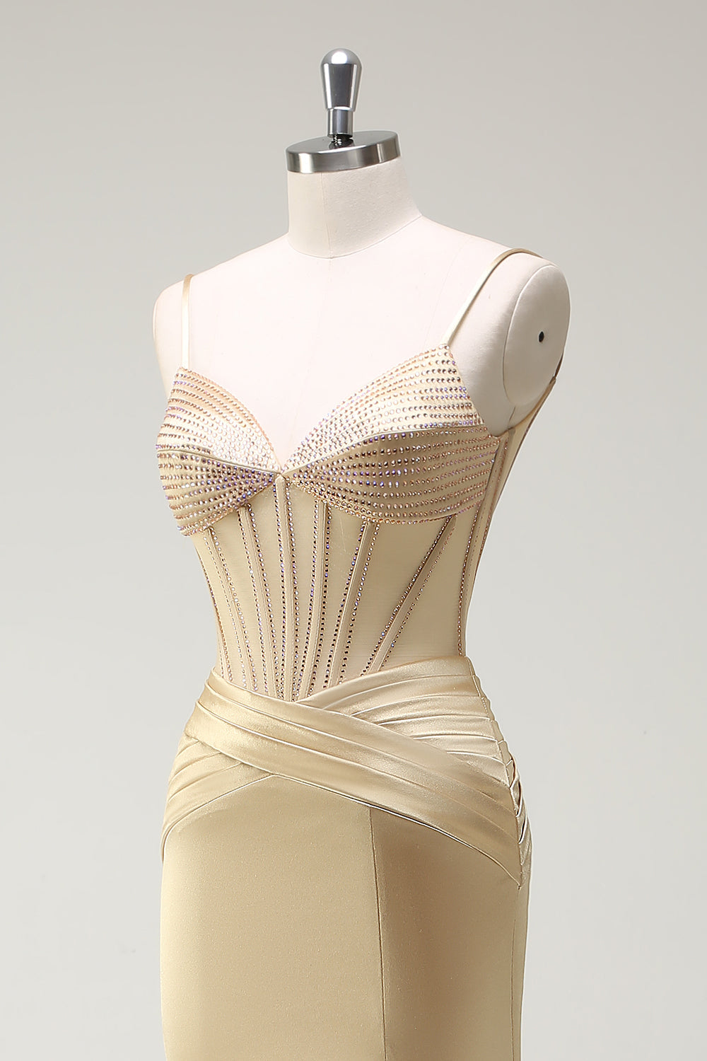 Tirantes de espagueti de sirena brillante Corsé dorado Vestido de fiesta largo con abertura