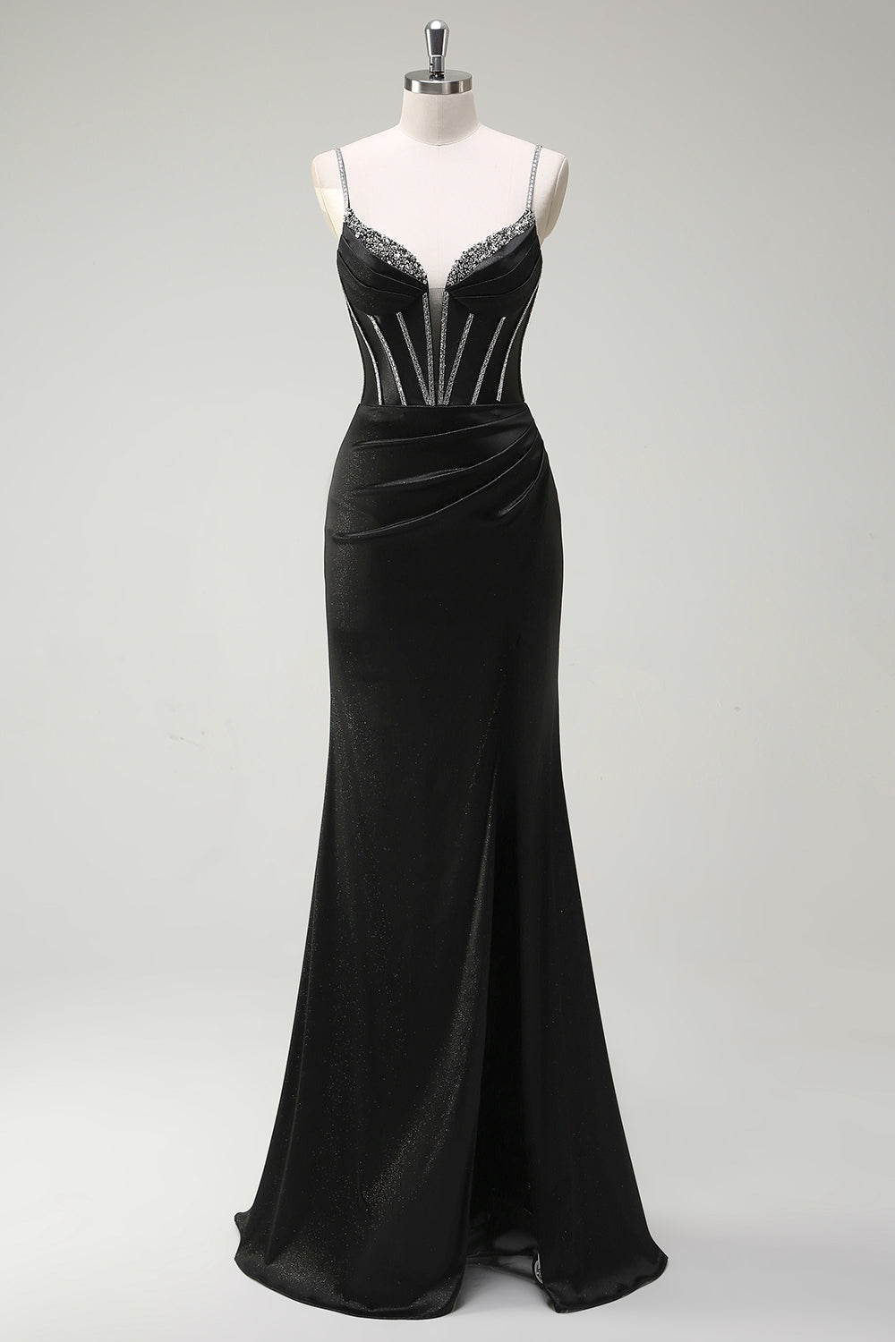 Vestido de fiesta largo con corsé de tirantes de espagueti sirena negro con abertura