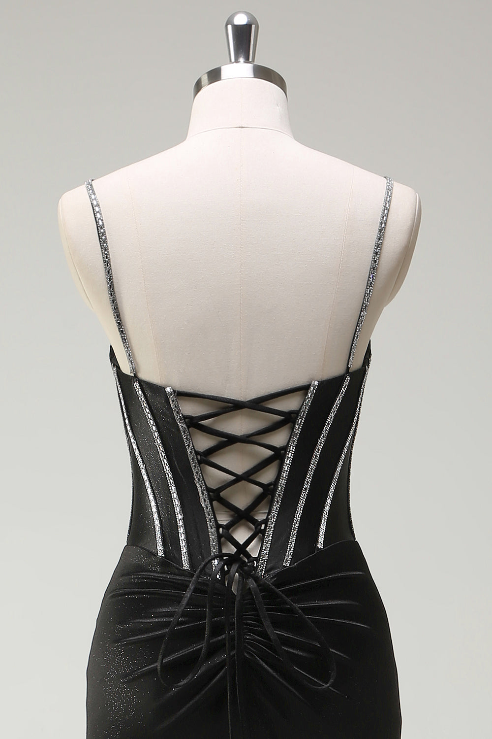 Vestido de fiesta largo con corsé de tirantes de espagueti sirena negro con abertura