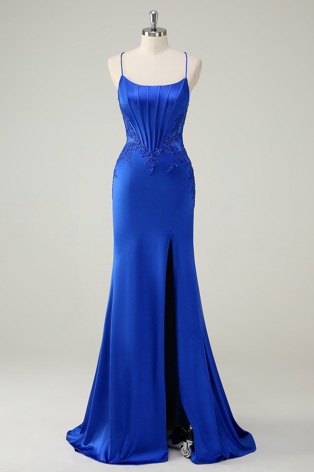 Corsé de sirena azul real Tirantes de espagueti Vestido de fiesta largo con apliques