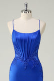 Corsé de sirena azul real Tirantes de espagueti Vestido de fiesta largo con apliques