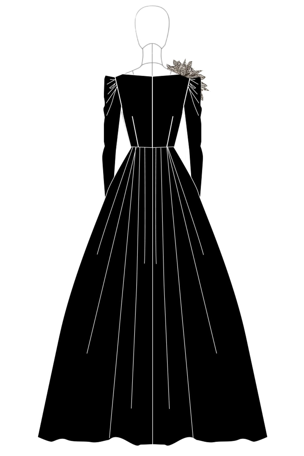 Vestido de invitada de boda largo de satén negro con cuello barco de manga larga en línea