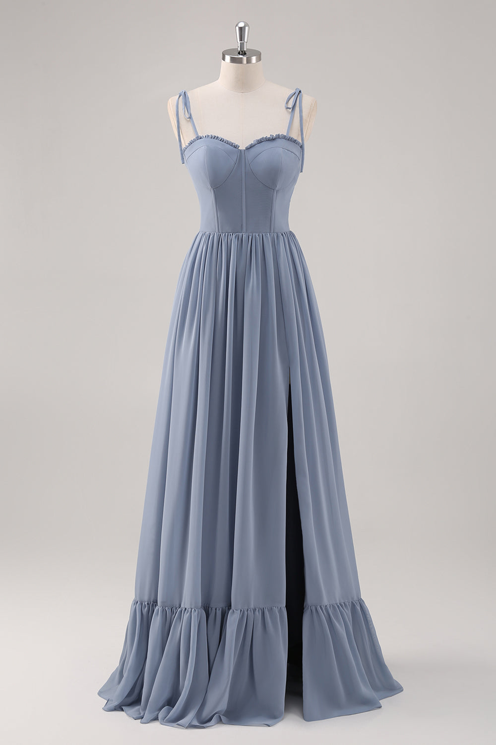Vestido largo de dama de honor con corsé azul empolvado A Line con abertura