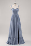 Vestido largo de dama de honor con corsé azul empolvado A Line con abertura