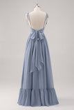 Vestido largo de dama de honor con corsé azul empolvado A Line con abertura
