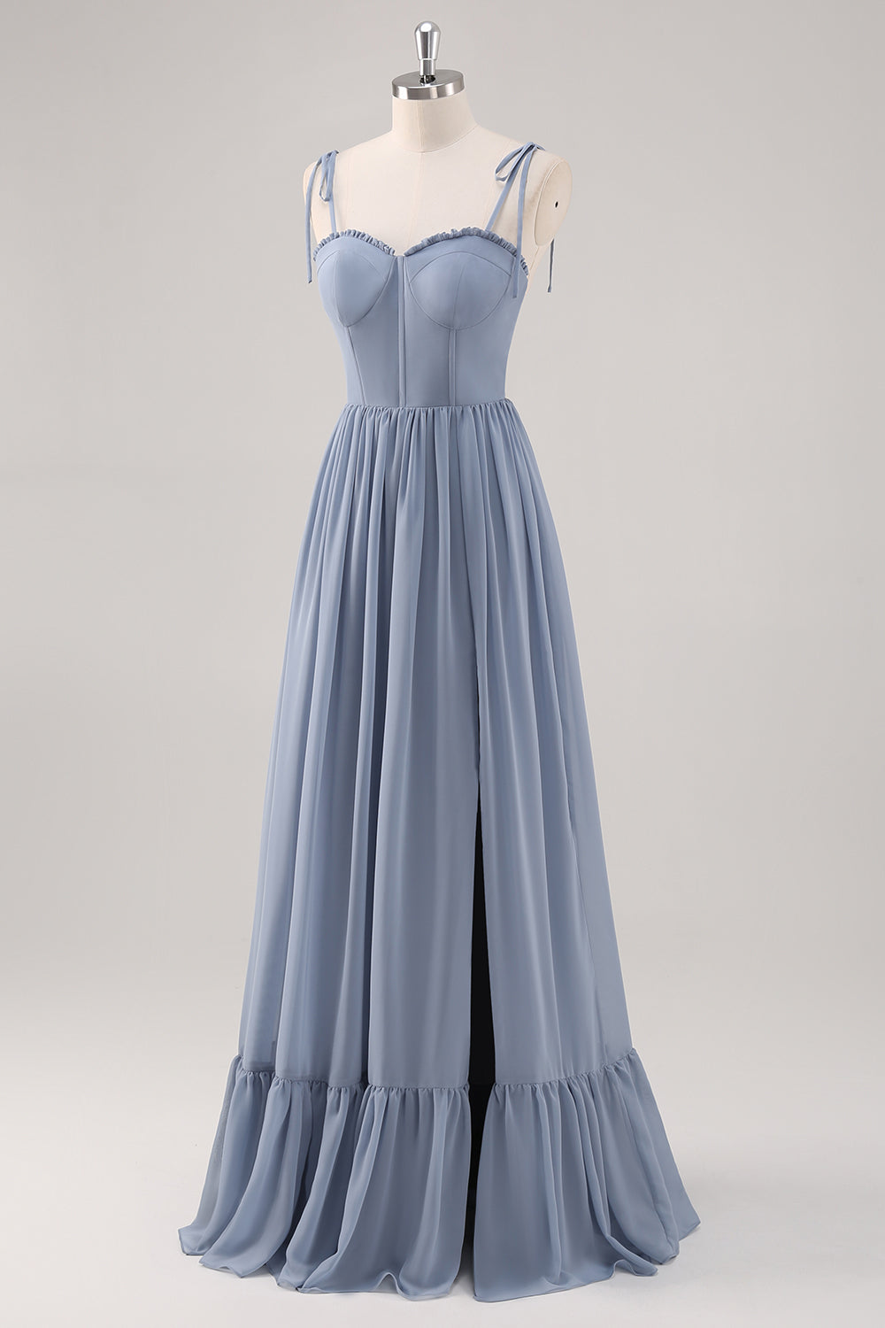 Vestido largo de dama de honor con corsé azul empolvado A Line con abertura