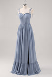 Vestido largo de dama de honor con corsé azul empolvado A Line con abertura