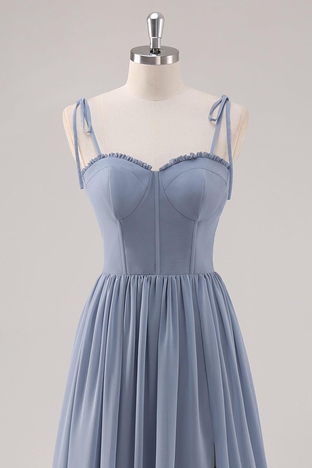 Vestido largo de dama de honor con corsé azul empolvado A Line con abertura