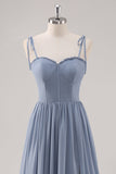 Vestido largo de dama de honor con corsé azul empolvado A Line con abertura