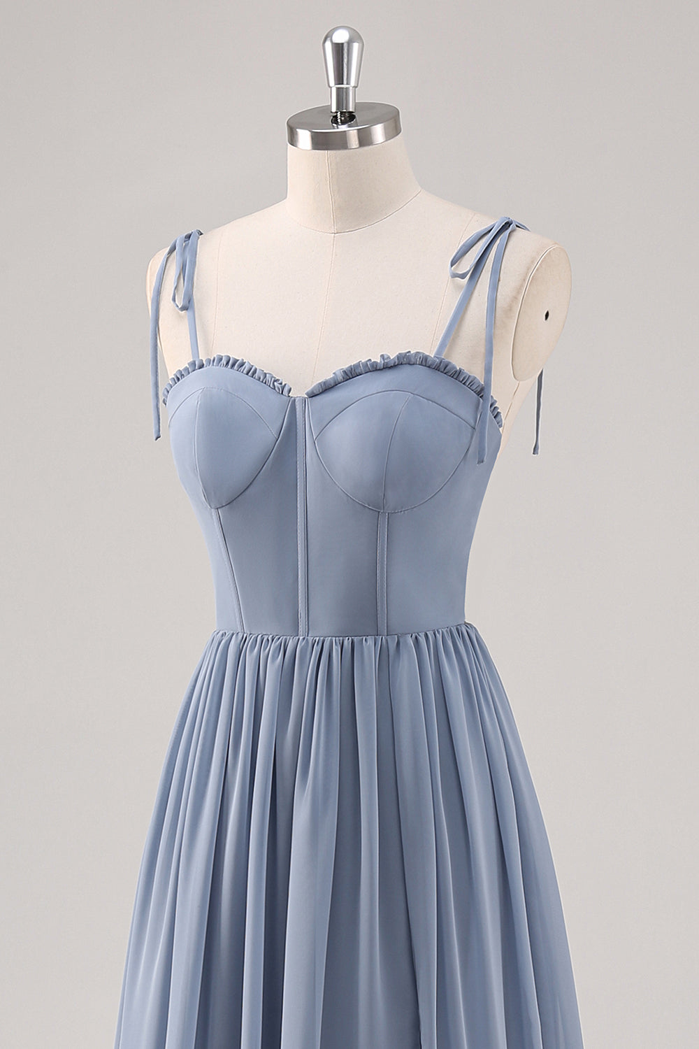 Vestido largo de dama de honor con corsé azul empolvado A Line con abertura