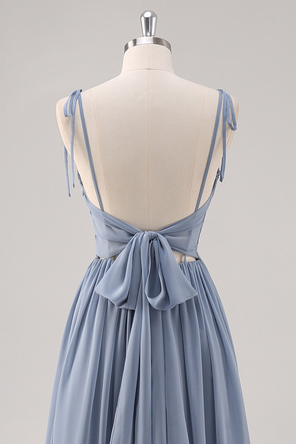 Vestido largo de dama de honor con corsé azul empolvado A Line con abertura