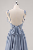 Vestido largo de dama de honor con corsé azul empolvado A Line con abertura