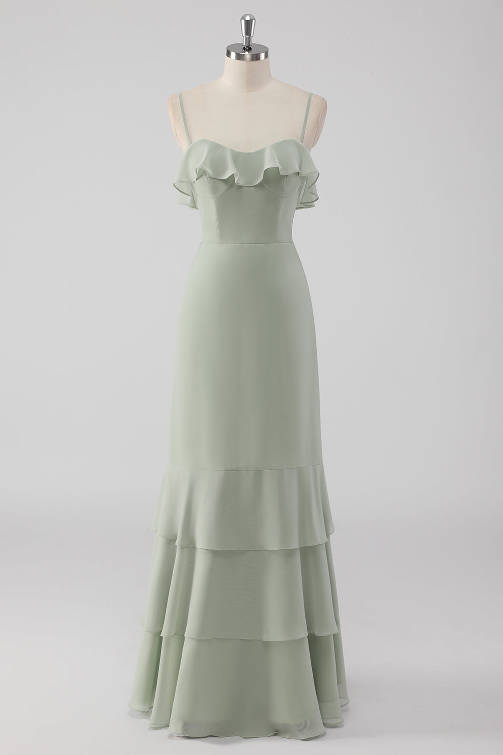 Vestido de dama de honor con tirantes de espagueti con volantes de vaina de salvia empolvada