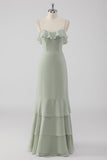 Vestido de dama de honor con tirantes de espagueti con volantes de vaina de salvia empolvada