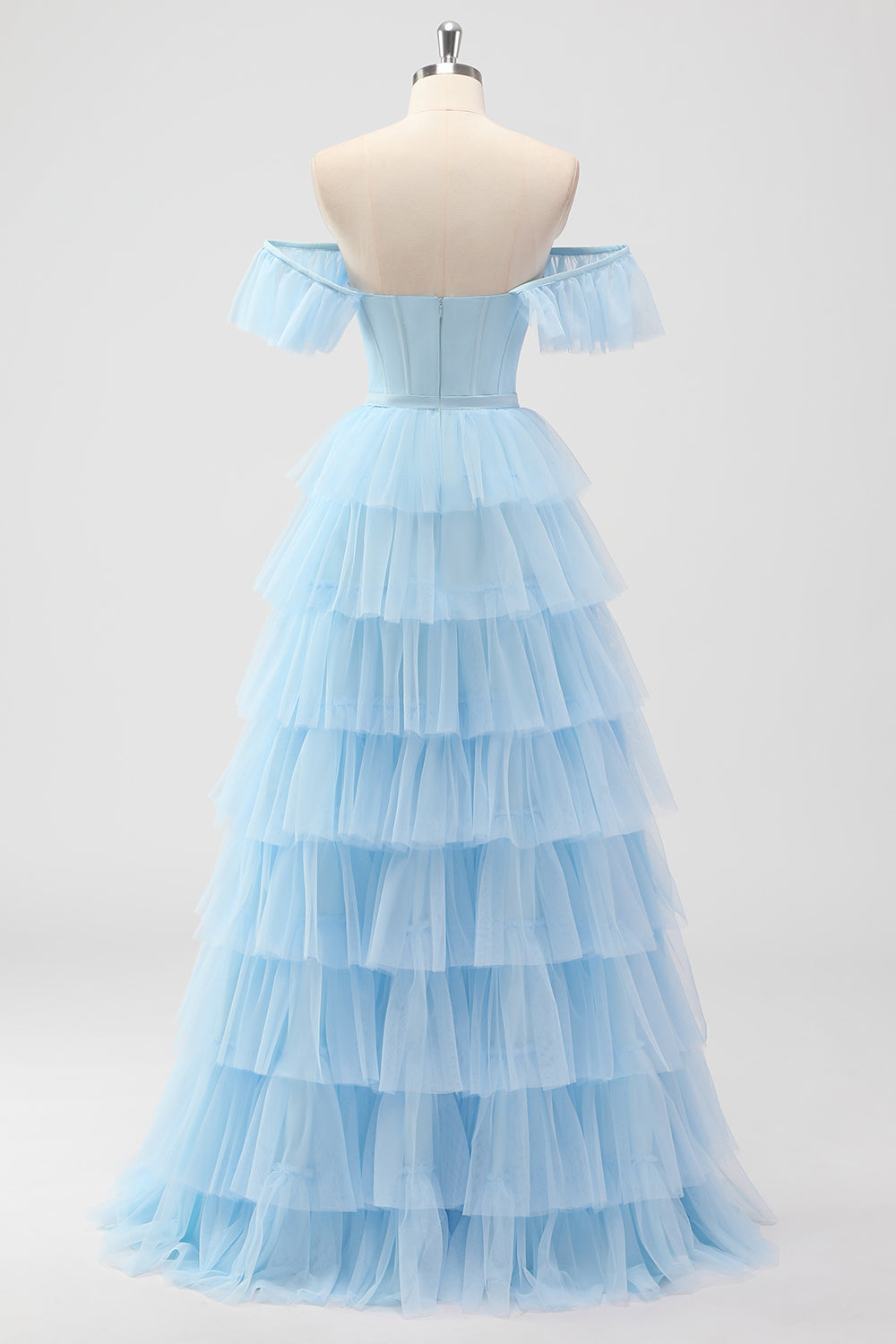 Azul cielo fuera del hombro Corsé escalonado A Line Vestido de dama de honor