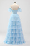 Azul cielo fuera del hombro Corsé escalonado A Line Vestido de dama de honor