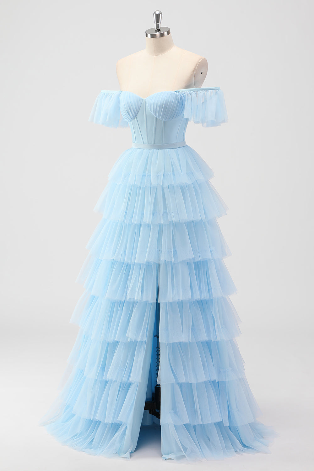 Azul cielo fuera del hombro Corsé escalonado A Line Vestido de dama de honor