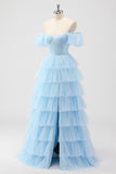 Azul cielo fuera del hombro Corsé escalonado A Line Vestido de dama de honor