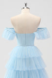 Azul cielo fuera del hombro Corsé escalonado A Line Vestido de dama de honor