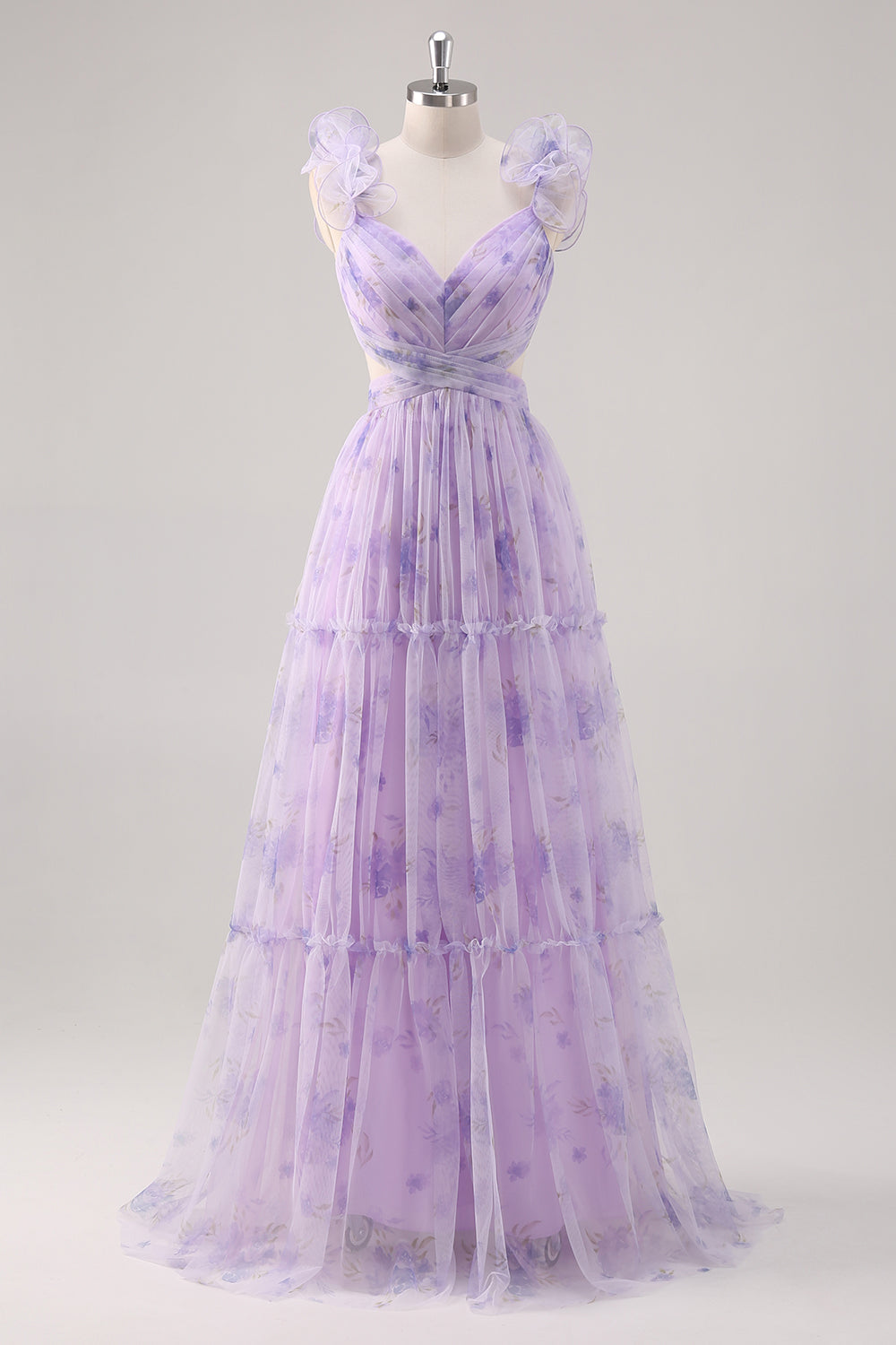 Flor De Lavanda Un Vestido Largo De Dama De Honor Plisado Recortado De La Línea