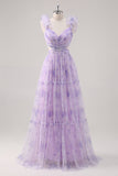 Flor De Lavanda Un Vestido Largo De Dama De Honor Plisado Recortado De La Línea