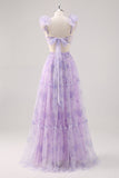 Flor De Lavanda Un Vestido Largo De Dama De Honor Plisado Recortado De La Línea