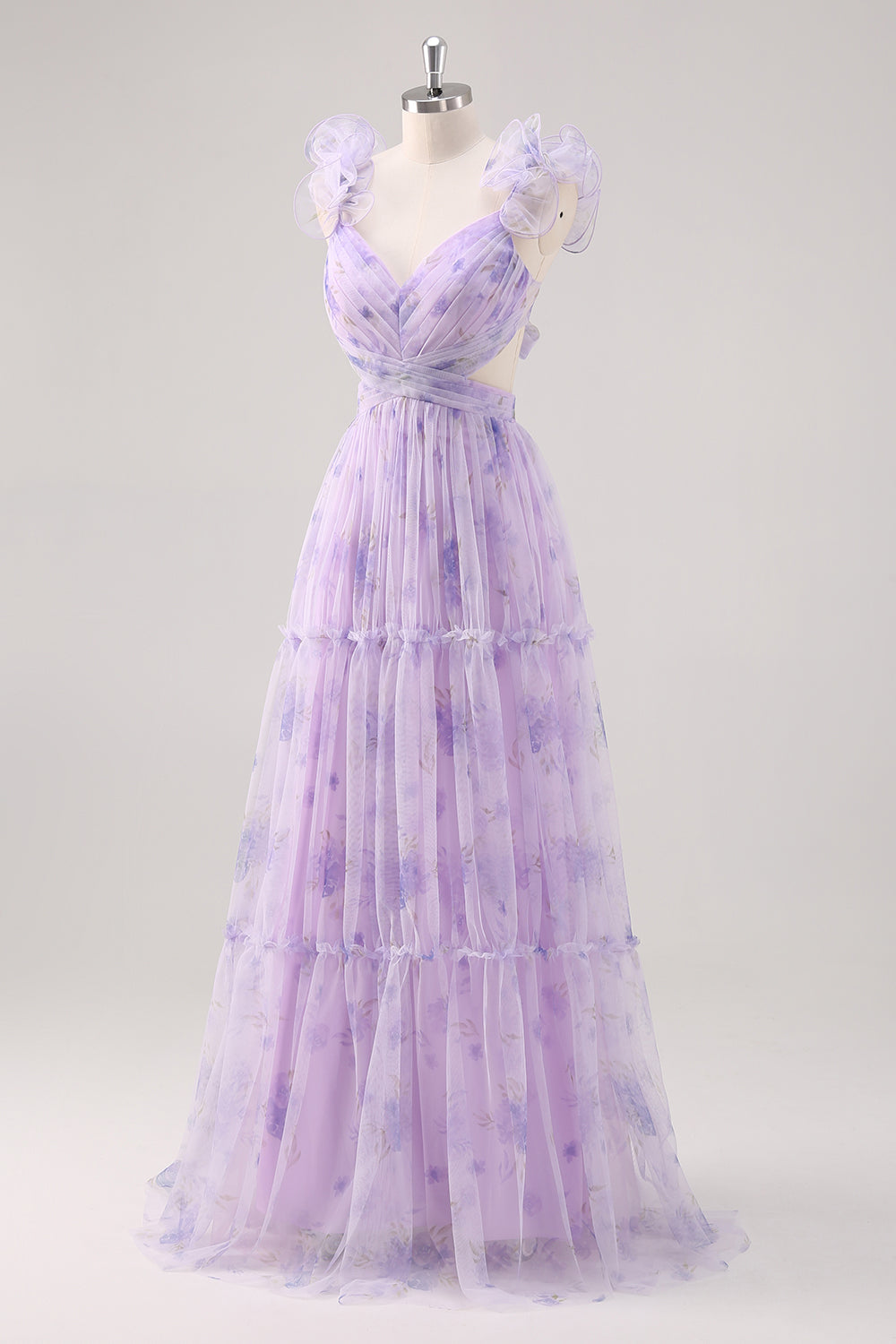 Flor De Lavanda Un Vestido Largo De Dama De Honor Plisado Recortado De La Línea