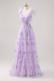 Flor De Lavanda Un Vestido Largo De Dama De Honor Plisado Recortado De La Línea
