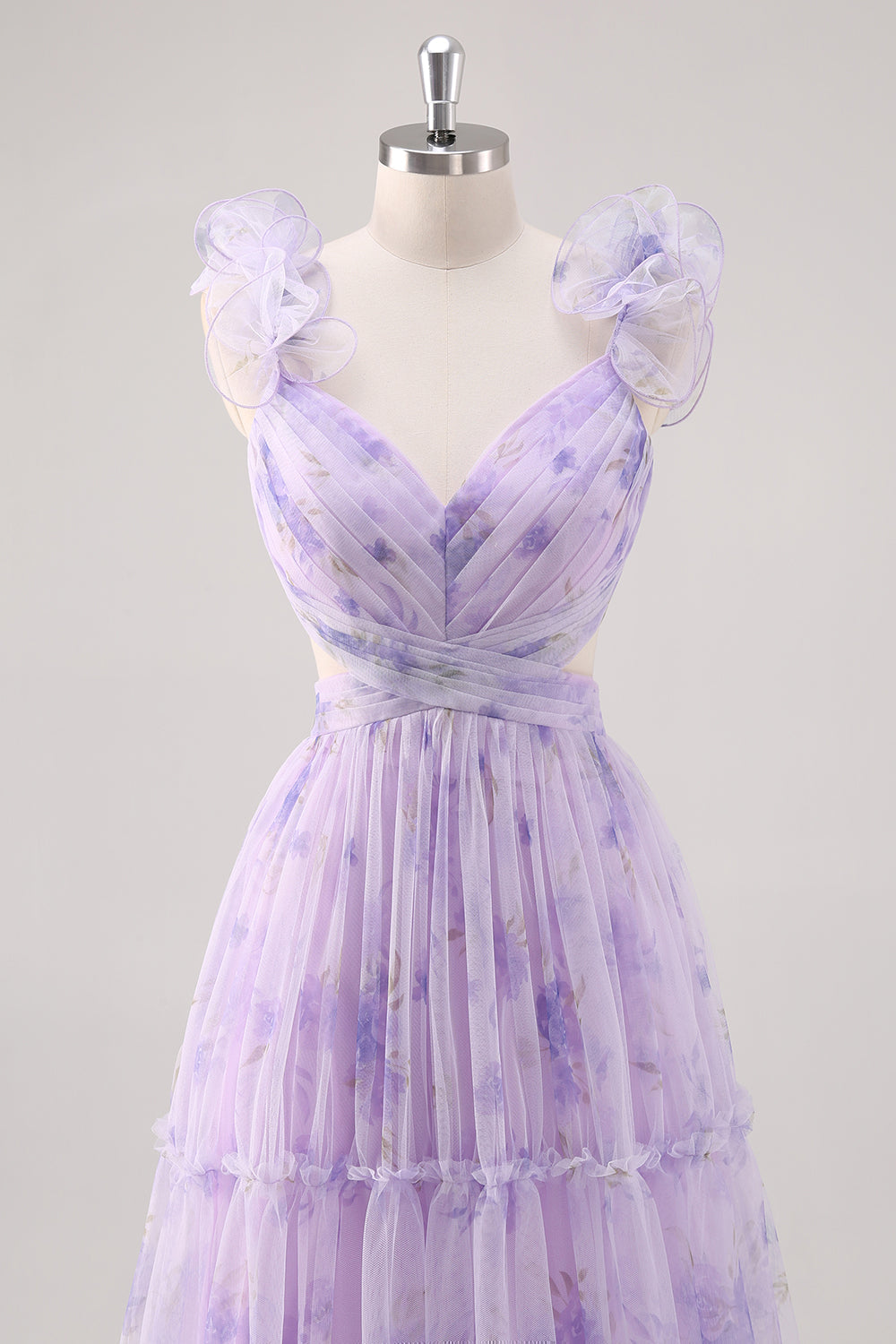 Flor De Lavanda Un Vestido Largo De Dama De Honor Plisado Recortado De La Línea
