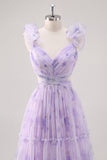 Flor De Lavanda Un Vestido Largo De Dama De Honor Plisado Recortado De La Línea