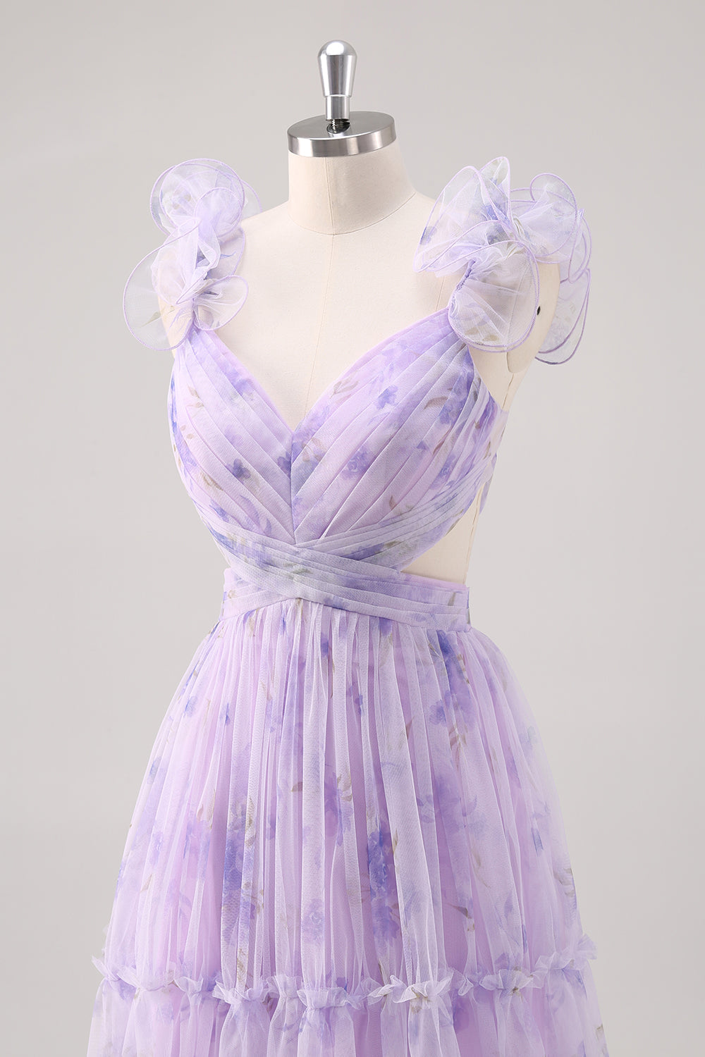 Flor De Lavanda Un Vestido Largo De Dama De Honor Plisado Recortado De La Línea