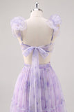 Flor De Lavanda Un Vestido Largo De Dama De Honor Plisado Recortado De La Línea