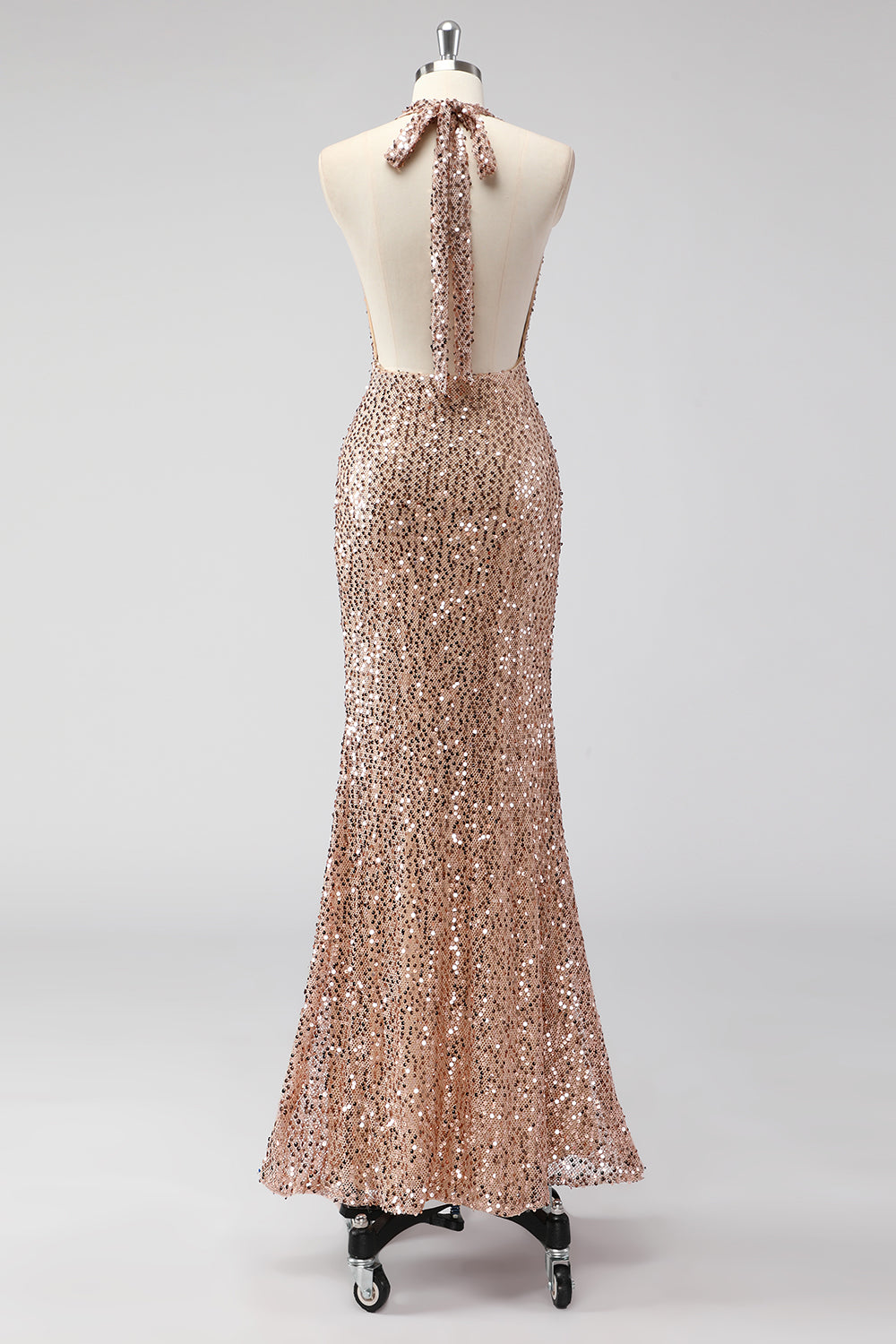 Glitter Champagne Sirena Halter Espalda Abierta Vestido de Fiesta Largo con Lentejas
