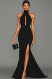 Vestido formal de satén con cuello halter de sirena negro