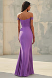 Vestido formal largo de gasa púrpura con hombros descubiertos de sirena